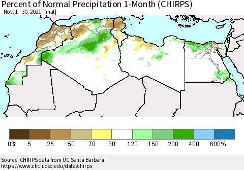 North Africa Percent of Normal Precipitation 1-Month (CHIRPS) Thematic Map For 11/1/2021 - 11/30/2021