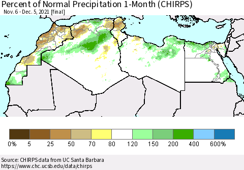 North Africa Percent of Normal Precipitation 1-Month (CHIRPS) Thematic Map For 11/6/2021 - 12/5/2021
