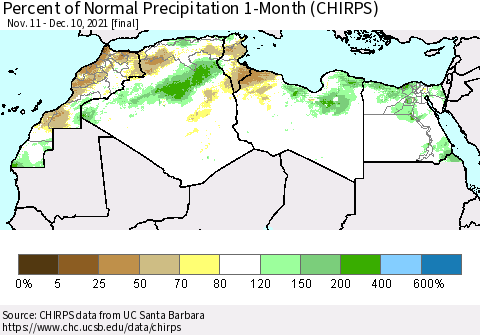North Africa Percent of Normal Precipitation 1-Month (CHIRPS) Thematic Map For 11/11/2021 - 12/10/2021