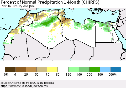 North Africa Percent of Normal Precipitation 1-Month (CHIRPS) Thematic Map For 11/16/2021 - 12/15/2021