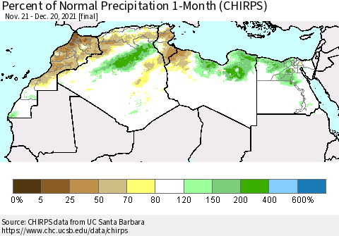 North Africa Percent of Normal Precipitation 1-Month (CHIRPS) Thematic Map For 11/21/2021 - 12/20/2021