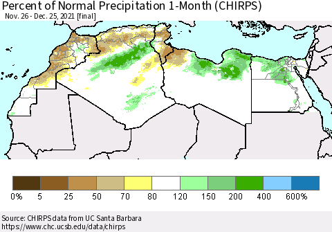 North Africa Percent of Normal Precipitation 1-Month (CHIRPS) Thematic Map For 11/26/2021 - 12/25/2021