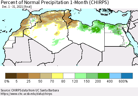 North Africa Percent of Normal Precipitation 1-Month (CHIRPS) Thematic Map For 12/1/2021 - 12/31/2021