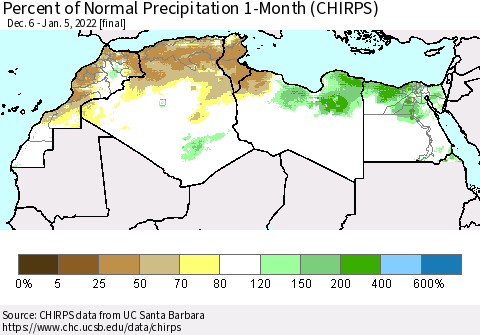 North Africa Percent of Normal Precipitation 1-Month (CHIRPS) Thematic Map For 12/6/2021 - 1/5/2022