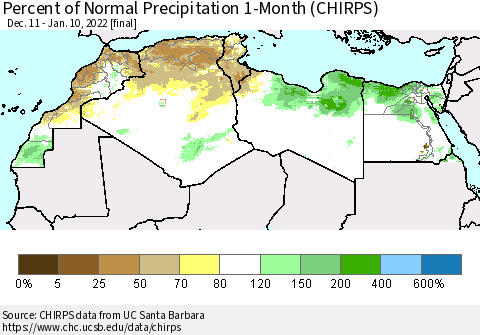 North Africa Percent of Normal Precipitation 1-Month (CHIRPS) Thematic Map For 12/11/2021 - 1/10/2022