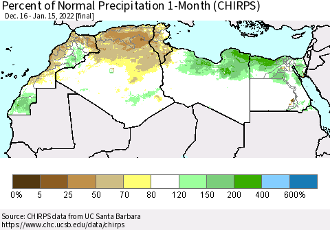 North Africa Percent of Normal Precipitation 1-Month (CHIRPS) Thematic Map For 12/16/2021 - 1/15/2022