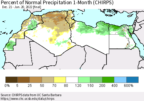 North Africa Percent of Normal Precipitation 1-Month (CHIRPS) Thematic Map For 12/21/2021 - 1/20/2022