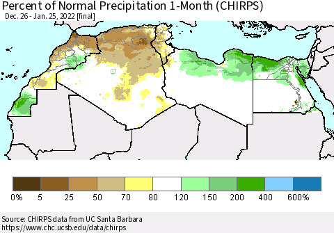 North Africa Percent of Normal Precipitation 1-Month (CHIRPS) Thematic Map For 12/26/2021 - 1/25/2022