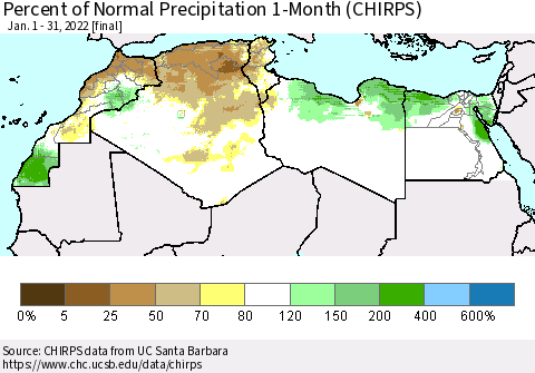 North Africa Percent of Normal Precipitation 1-Month (CHIRPS) Thematic Map For 1/1/2022 - 1/31/2022