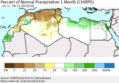 North Africa Percent of Normal Precipitation 1-Month (CHIRPS) Thematic Map For 1/11/2022 - 2/10/2022
