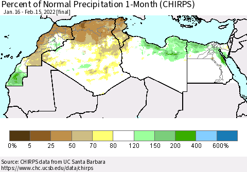 North Africa Percent of Normal Precipitation 1-Month (CHIRPS) Thematic Map For 1/16/2022 - 2/15/2022