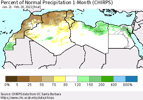 North Africa Percent of Normal Precipitation 1-Month (CHIRPS) Thematic Map For 1/21/2022 - 2/20/2022
