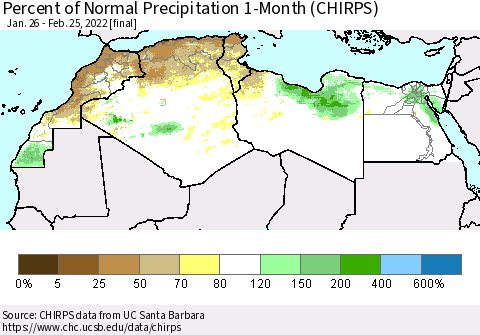 North Africa Percent of Normal Precipitation 1-Month (CHIRPS) Thematic Map For 1/26/2022 - 2/25/2022