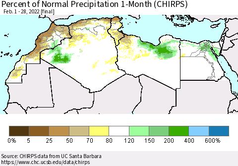 North Africa Percent of Normal Precipitation 1-Month (CHIRPS) Thematic Map For 2/1/2022 - 2/28/2022