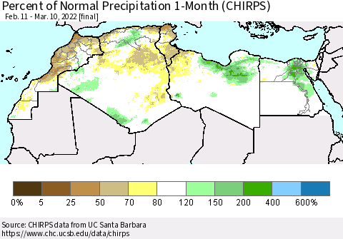 North Africa Percent of Normal Precipitation 1-Month (CHIRPS) Thematic Map For 2/11/2022 - 3/10/2022
