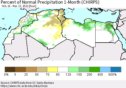 North Africa Percent of Normal Precipitation 1-Month (CHIRPS) Thematic Map For 2/16/2022 - 3/15/2022