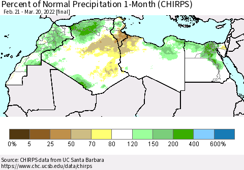 North Africa Percent of Normal Precipitation 1-Month (CHIRPS) Thematic Map For 2/21/2022 - 3/20/2022