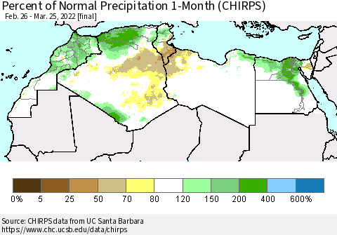 North Africa Percent of Normal Precipitation 1-Month (CHIRPS) Thematic Map For 2/26/2022 - 3/25/2022