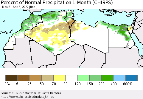 North Africa Percent of Normal Precipitation 1-Month (CHIRPS) Thematic Map For 3/6/2022 - 4/5/2022