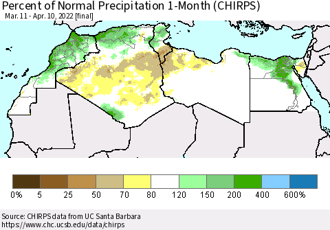 North Africa Percent of Normal Precipitation 1-Month (CHIRPS) Thematic Map For 3/11/2022 - 4/10/2022