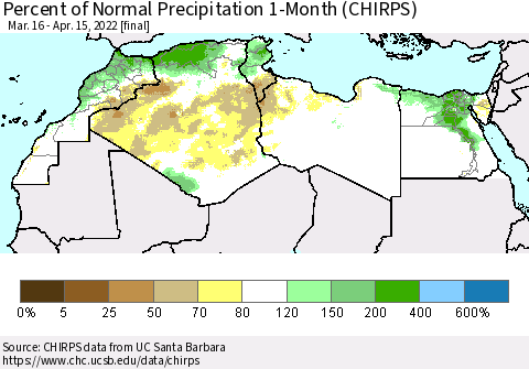 North Africa Percent of Normal Precipitation 1-Month (CHIRPS) Thematic Map For 3/16/2022 - 4/15/2022