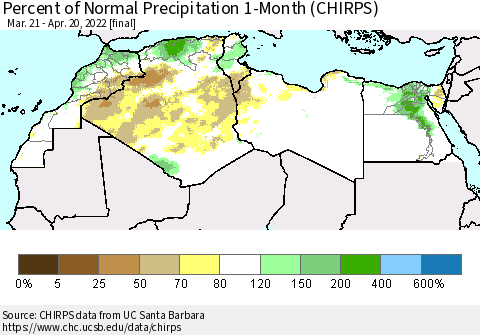 North Africa Percent of Normal Precipitation 1-Month (CHIRPS) Thematic Map For 3/21/2022 - 4/20/2022