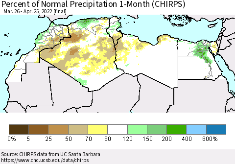 North Africa Percent of Normal Precipitation 1-Month (CHIRPS) Thematic Map For 3/26/2022 - 4/25/2022