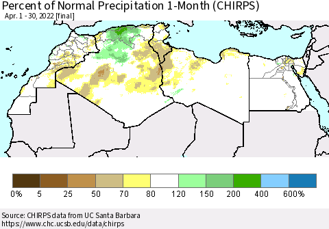 North Africa Percent of Normal Precipitation 1-Month (CHIRPS) Thematic Map For 4/1/2022 - 4/30/2022