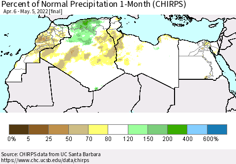 North Africa Percent of Normal Precipitation 1-Month (CHIRPS) Thematic Map For 4/6/2022 - 5/5/2022