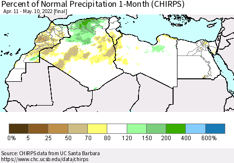 North Africa Percent of Normal Precipitation 1-Month (CHIRPS) Thematic Map For 4/11/2022 - 5/10/2022