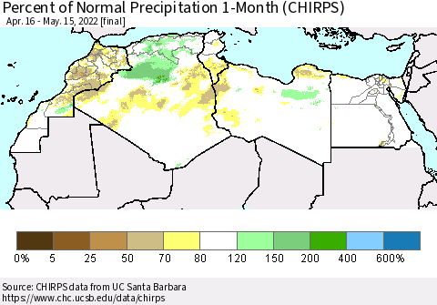 North Africa Percent of Normal Precipitation 1-Month (CHIRPS) Thematic Map For 4/16/2022 - 5/15/2022