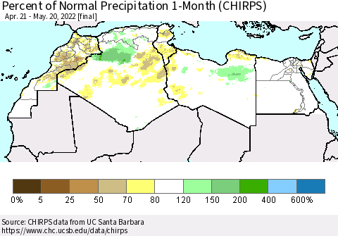 North Africa Percent of Normal Precipitation 1-Month (CHIRPS) Thematic Map For 4/21/2022 - 5/20/2022