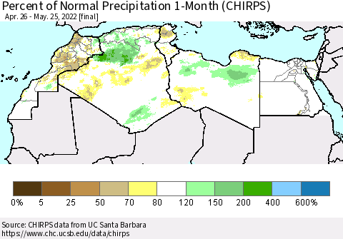 North Africa Percent of Normal Precipitation 1-Month (CHIRPS) Thematic Map For 4/26/2022 - 5/25/2022