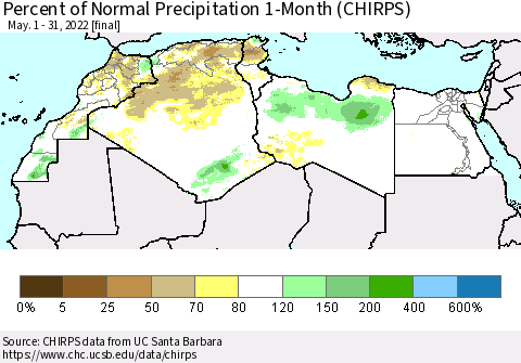 North Africa Percent of Normal Precipitation 1-Month (CHIRPS) Thematic Map For 5/1/2022 - 5/31/2022