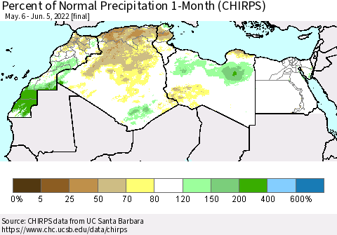 North Africa Percent of Normal Precipitation 1-Month (CHIRPS) Thematic Map For 5/6/2022 - 6/5/2022