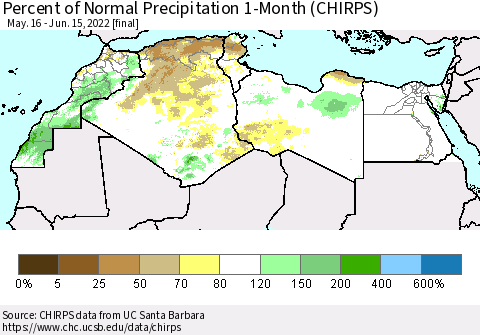 North Africa Percent of Normal Precipitation 1-Month (CHIRPS) Thematic Map For 5/16/2022 - 6/15/2022