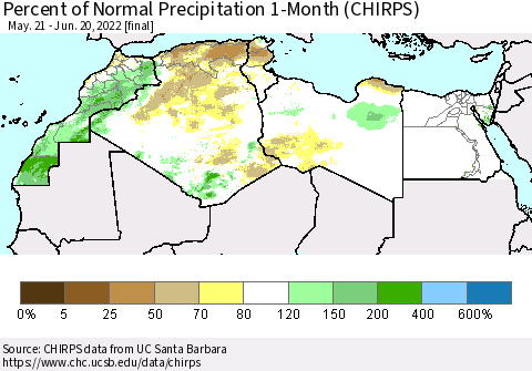 North Africa Percent of Normal Precipitation 1-Month (CHIRPS) Thematic Map For 5/21/2022 - 6/20/2022
