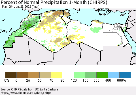 North Africa Percent of Normal Precipitation 1-Month (CHIRPS) Thematic Map For 5/26/2022 - 6/25/2022
