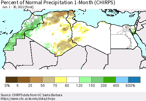 North Africa Percent of Normal Precipitation 1-Month (CHIRPS) Thematic Map For 6/1/2022 - 6/30/2022