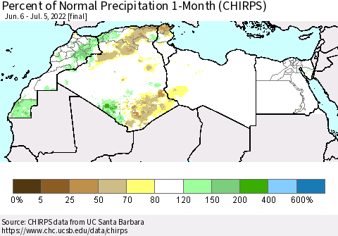 North Africa Percent of Normal Precipitation 1-Month (CHIRPS) Thematic Map For 6/6/2022 - 7/5/2022