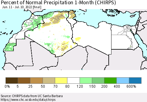 North Africa Percent of Normal Precipitation 1-Month (CHIRPS) Thematic Map For 6/11/2022 - 7/10/2022