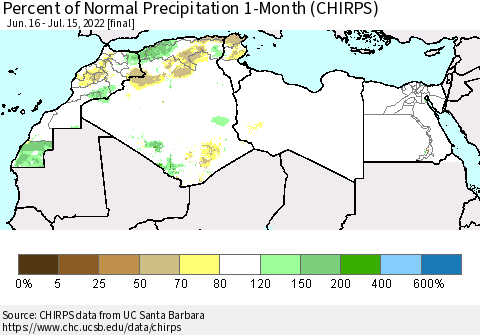 North Africa Percent of Normal Precipitation 1-Month (CHIRPS) Thematic Map For 6/16/2022 - 7/15/2022