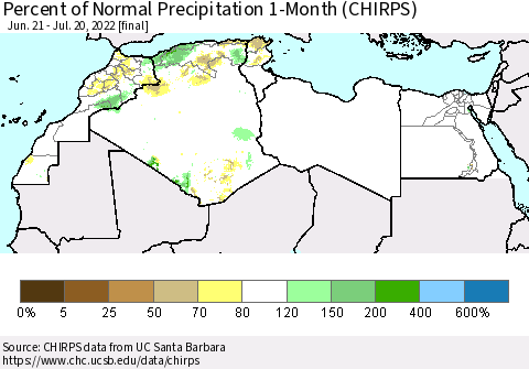 North Africa Percent of Normal Precipitation 1-Month (CHIRPS) Thematic Map For 6/21/2022 - 7/20/2022