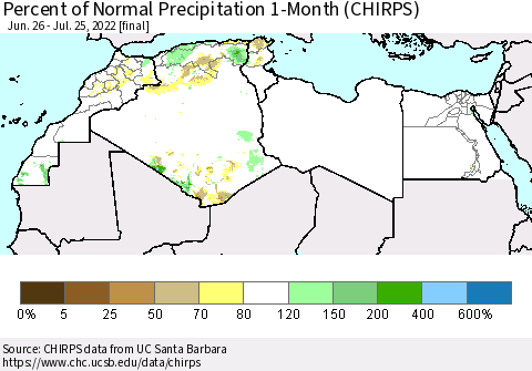 North Africa Percent of Normal Precipitation 1-Month (CHIRPS) Thematic Map For 6/26/2022 - 7/25/2022