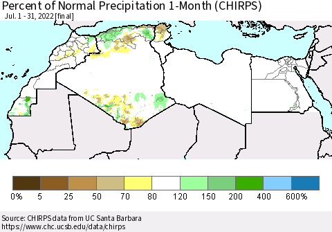 North Africa Percent of Normal Precipitation 1-Month (CHIRPS) Thematic Map For 7/1/2022 - 7/31/2022
