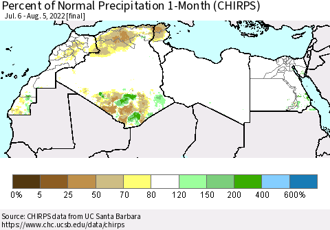 North Africa Percent of Normal Precipitation 1-Month (CHIRPS) Thematic Map For 7/6/2022 - 8/5/2022