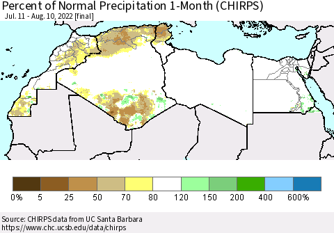 North Africa Percent of Normal Precipitation 1-Month (CHIRPS) Thematic Map For 7/11/2022 - 8/10/2022