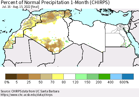 North Africa Percent of Normal Precipitation 1-Month (CHIRPS) Thematic Map For 7/16/2022 - 8/15/2022