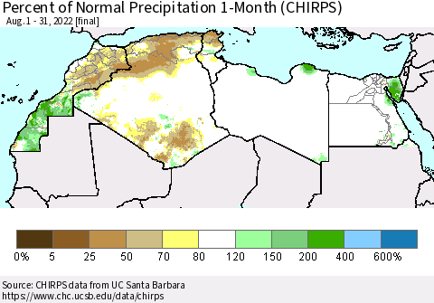 North Africa Percent of Normal Precipitation 1-Month (CHIRPS) Thematic Map For 8/1/2022 - 8/31/2022