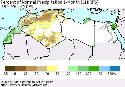 North Africa Percent of Normal Precipitation 1-Month (CHIRPS) Thematic Map For 8/6/2022 - 9/5/2022
